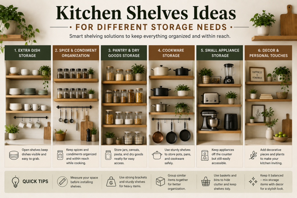kitchen shelves ideas for different storage needs