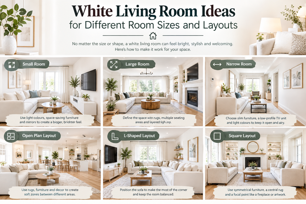 White Living Room Ideas for Different Room Sizes and Layouts